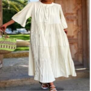 Cream Maxi Sundress with Bell Sleeves and Crew Neck